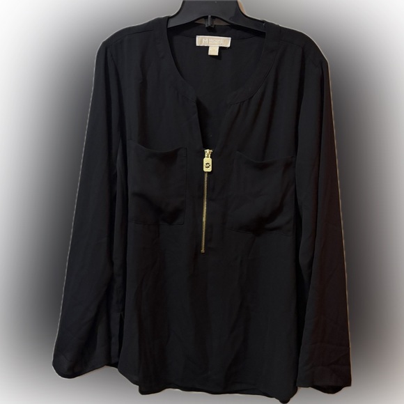 Michael Kors Black V-Neck Pullover Blouse with Gold Accents – Size XL - Picture 1 of 10